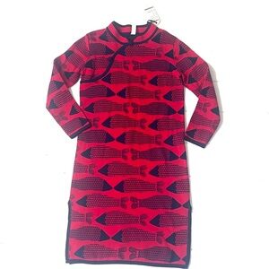 You Zee Me Zee Girls Red Navy Blue Fish Knit Cheongsam Dress 100% Cotton Sz 130